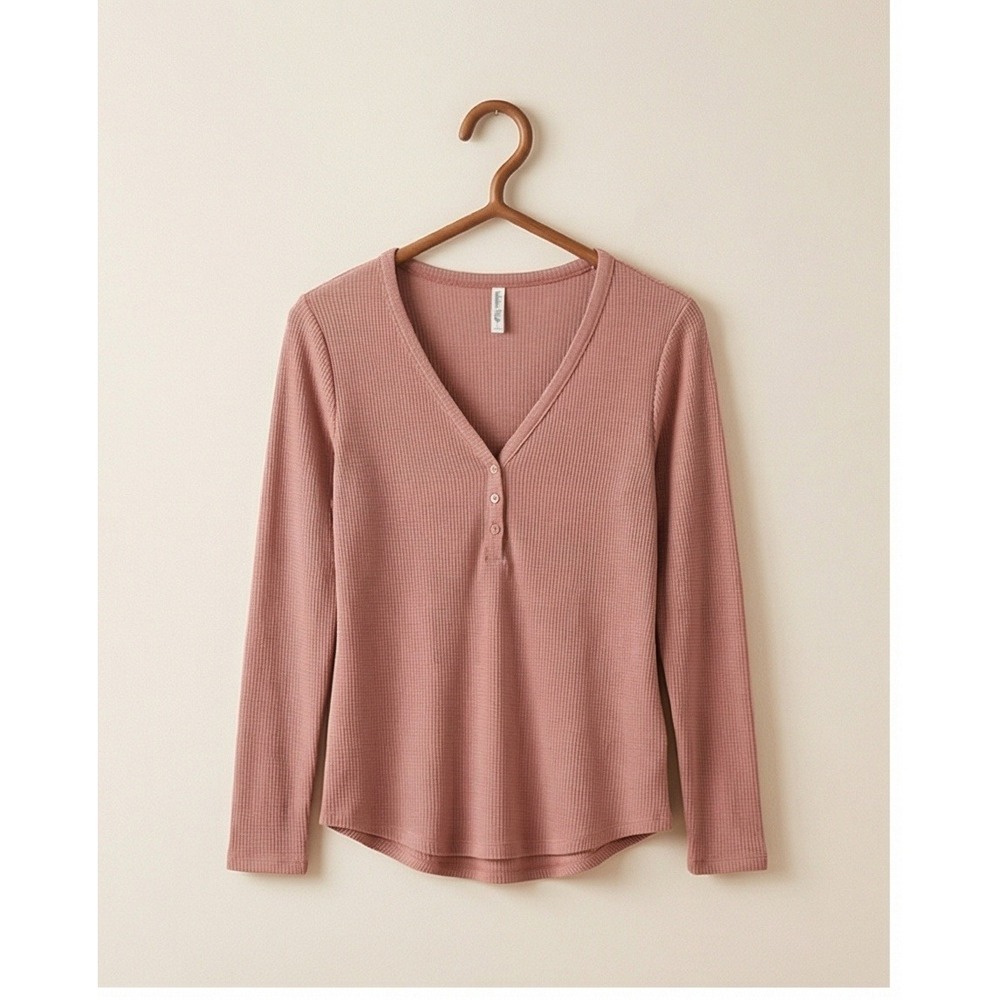 Athleta L Wind Down Sleep Top Henley Waffle Knit Long Sleeve Mauve Pink Large